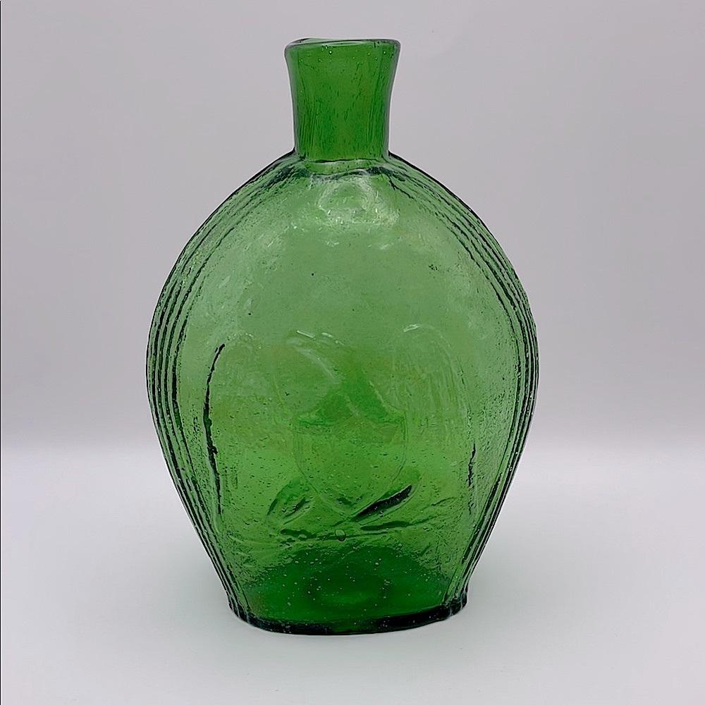 Clevenger Bros., Clayton, NJ, Green Glass Bottle with Eagle and Grapes, 7.75”